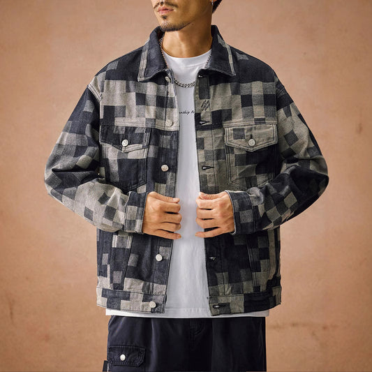 N82102 Vintage Lapel Plaid Denim Jacket