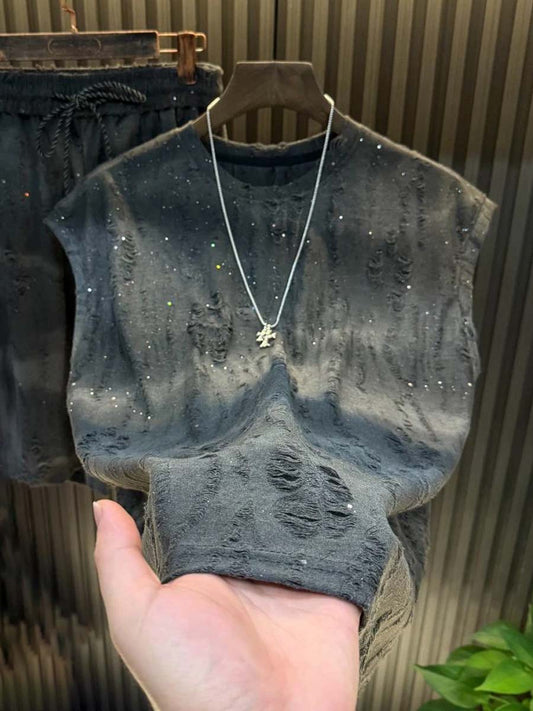 Men's Rhinestone Sparkle Ripped Sleeveless Vest