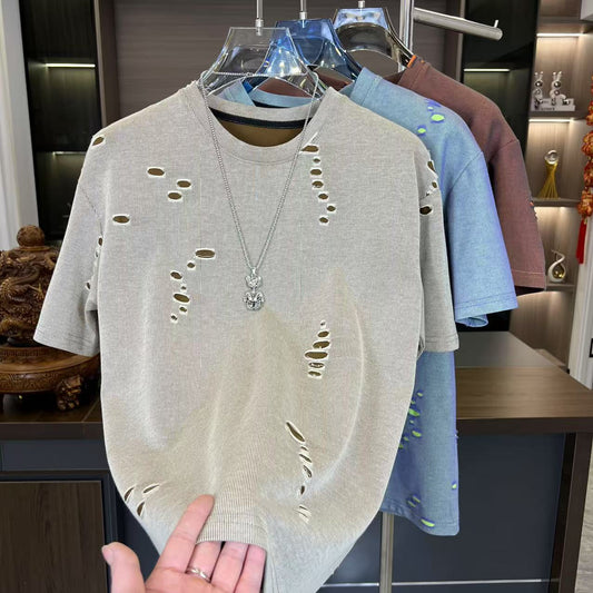 N0304 Men's casual versatile ripped T-shirt