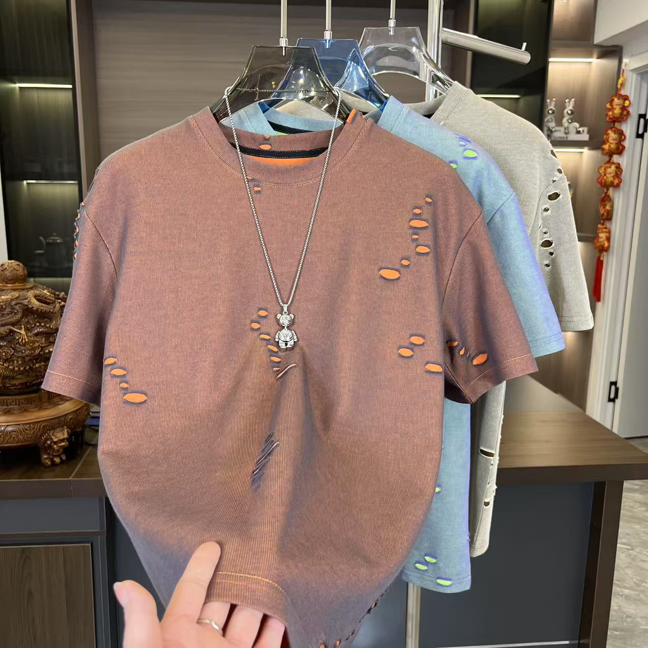 N0304 Men's casual versatile ripped T-shirt