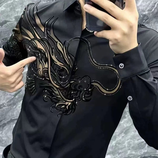 N0321 Stylisches elastisches Strass-Herrenhemd