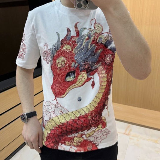 N0327 Men's round neck embroidered couple T-shirt