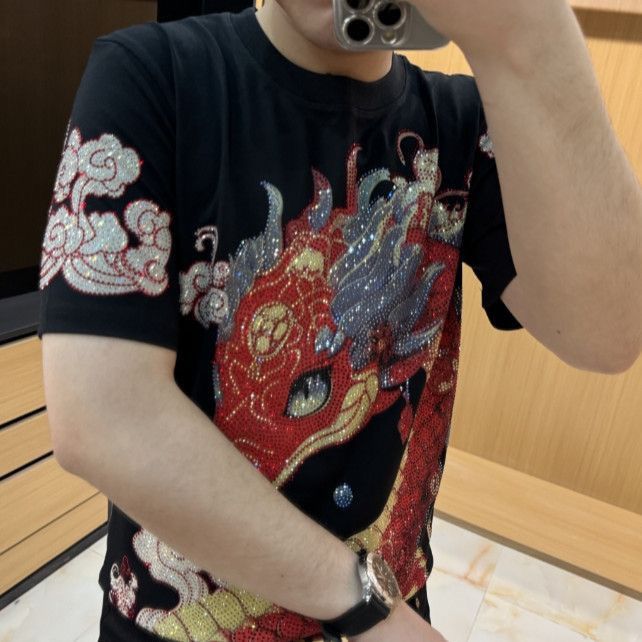 N0327 Men's round neck embroidered couple T-shirt