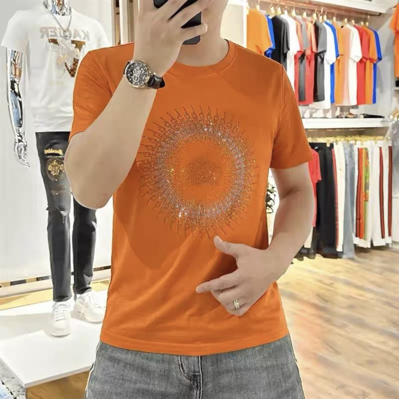 N0328 Summer rhinestone letter short sleeves