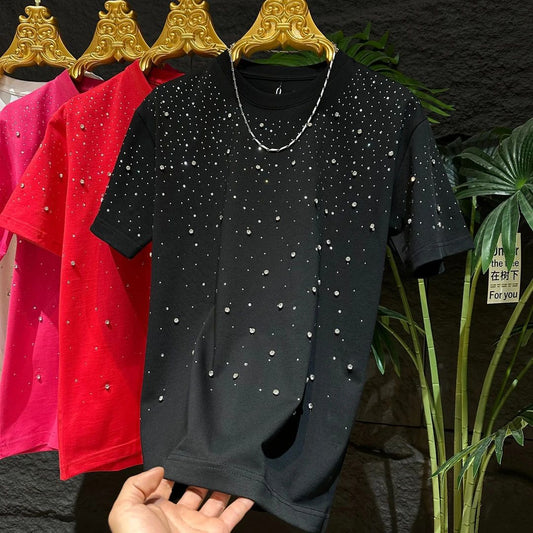 N0515 Men's stylish round neck rhinestone short sleeves