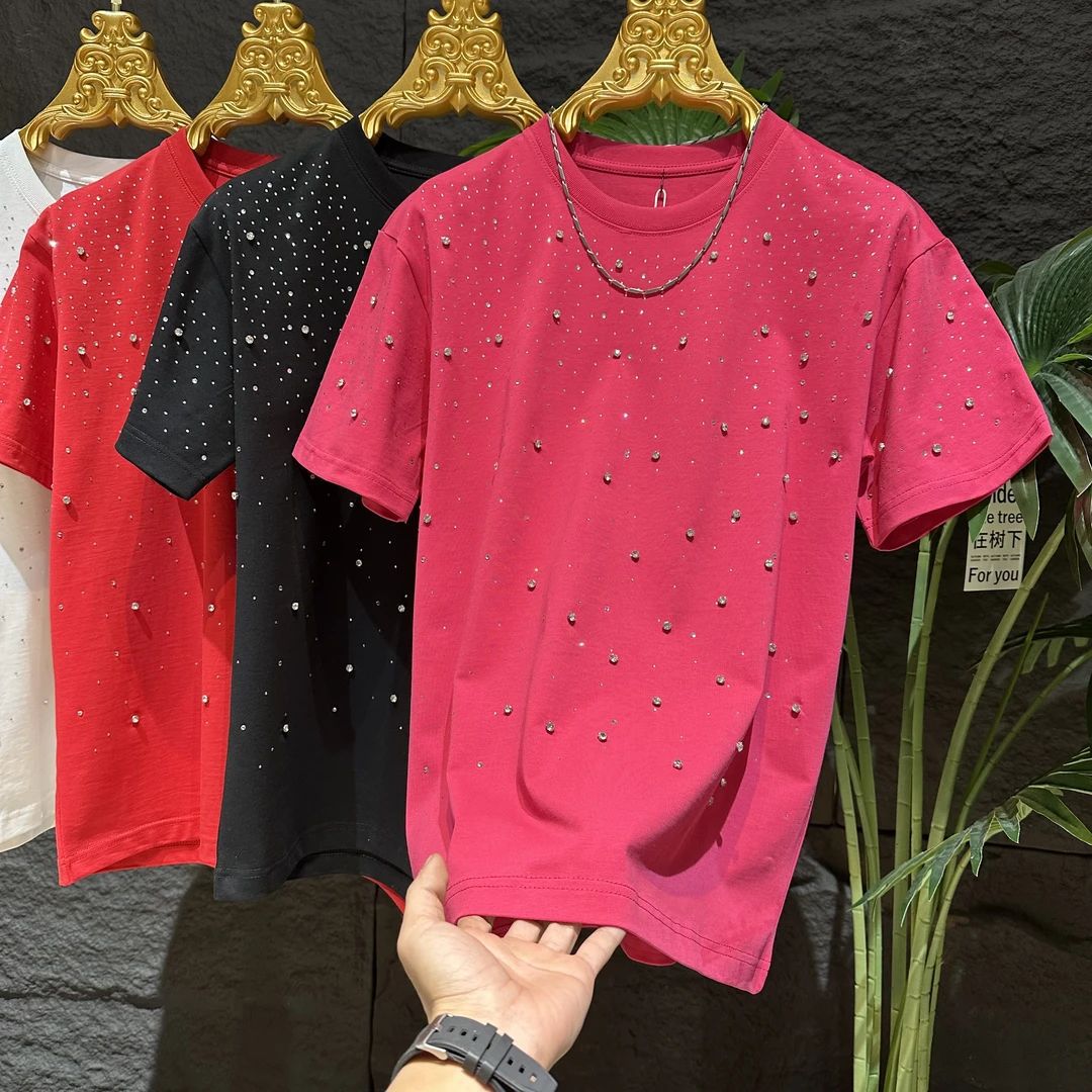 N0515 Men's stylish round neck rhinestone short sleeves