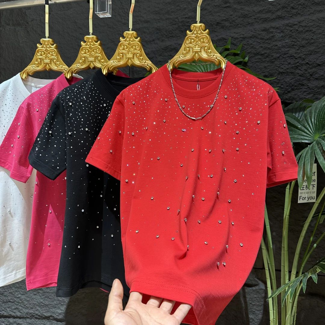 N0515 Men's stylish round neck rhinestone short sleeves