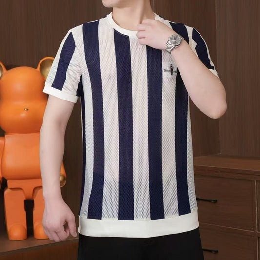 N0521 Men's stylish contrast color vertical striped short sleeves