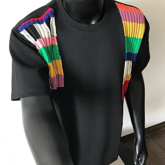 N0523 Colorful woolen patchwork short sleeves