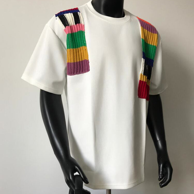 N0523 Colorful woolen patchwork short sleeves