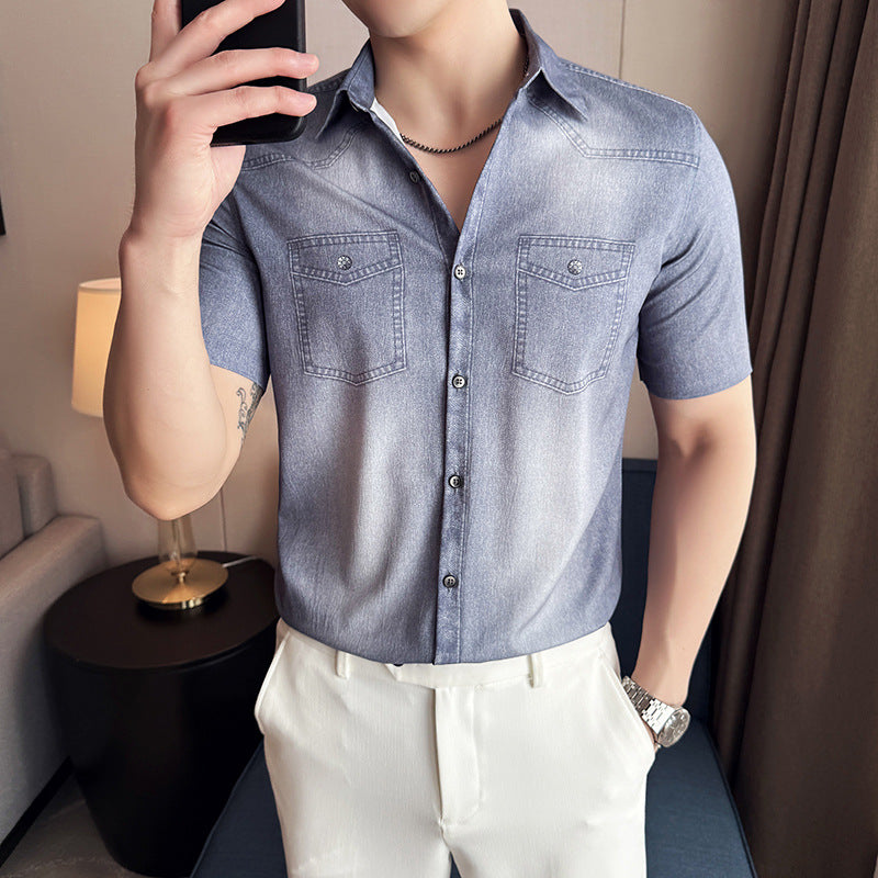 N0612 High-end gradient denim short-sleeved shirt