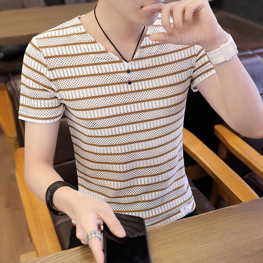 N0616 Men's Ice Silk Striped Short Sleeve