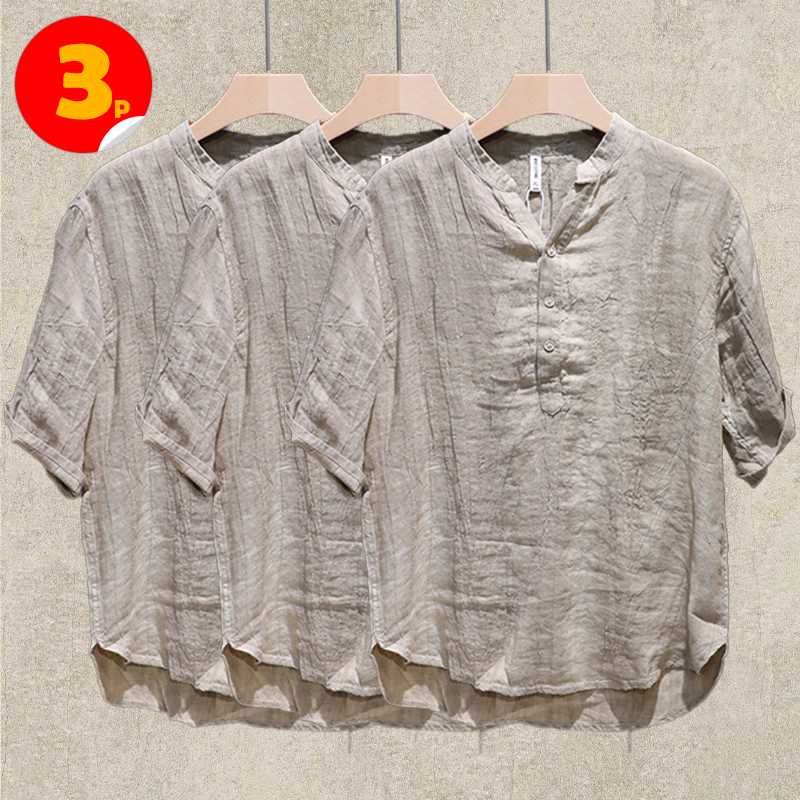3-Pack Khaki Summer Linen Short Sleeve Shirts