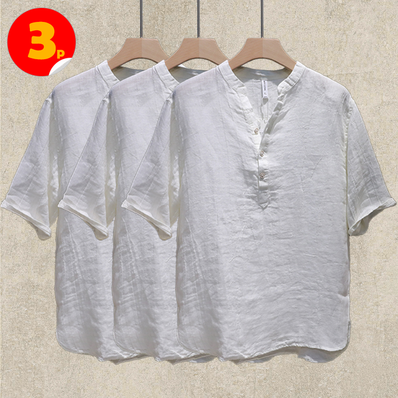 3-Pack White Summer Linen Short Sleeve Shirts