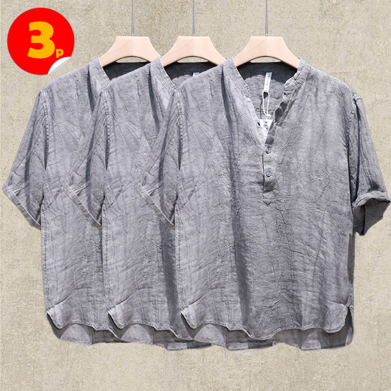 3-Pack Grey Summer Linen Short Sleeve Shirts