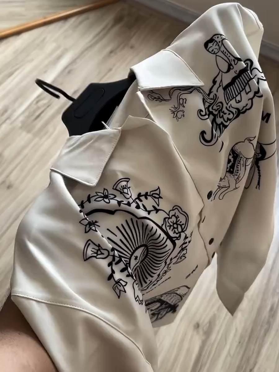 Men's Short - Sleeve Shirt with Unique Black Graphic Prints-1
