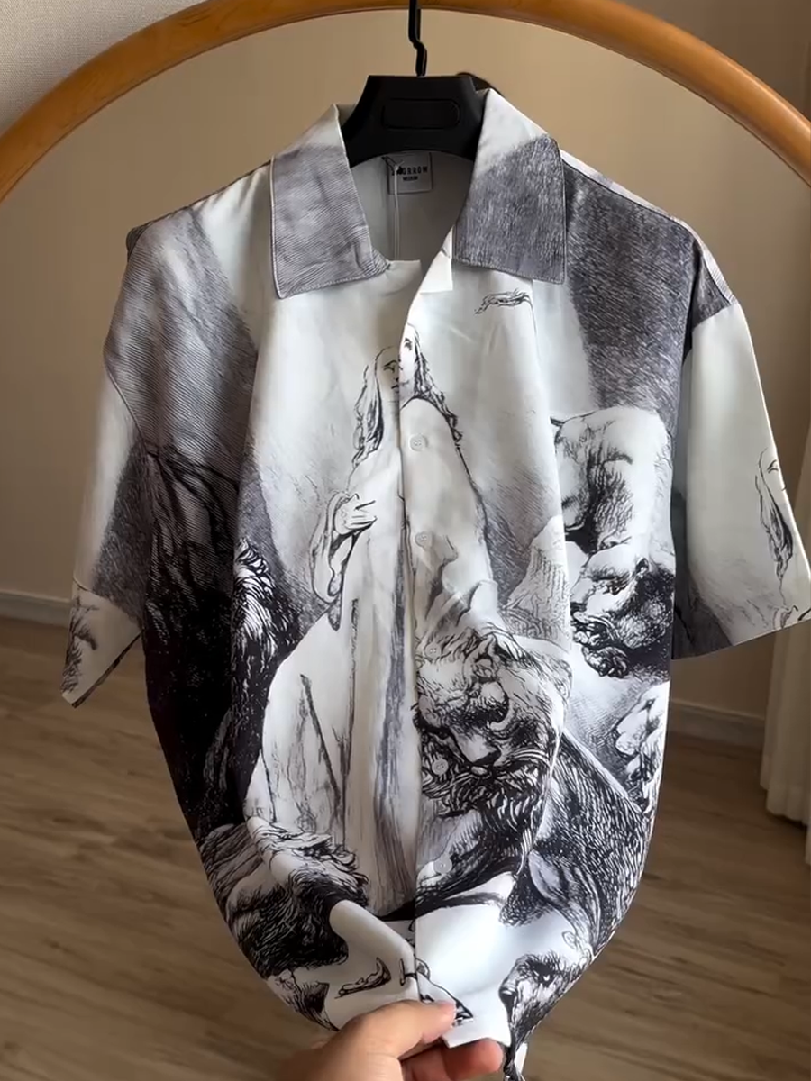 Casual Loose Men's Shirt:Black - White Ink - Painting Style Pattern