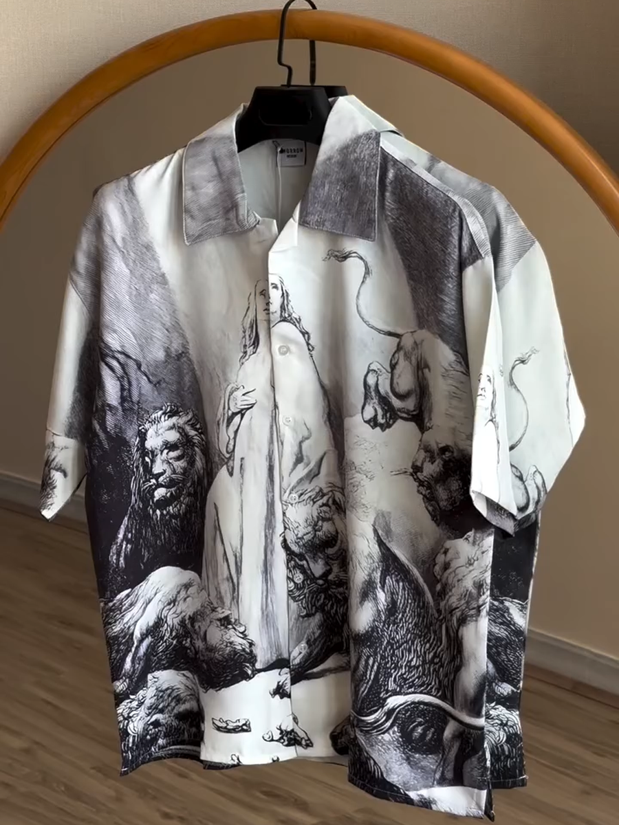 Casual Loose Men's Shirt:Black - White Ink - Painting Style Pattern