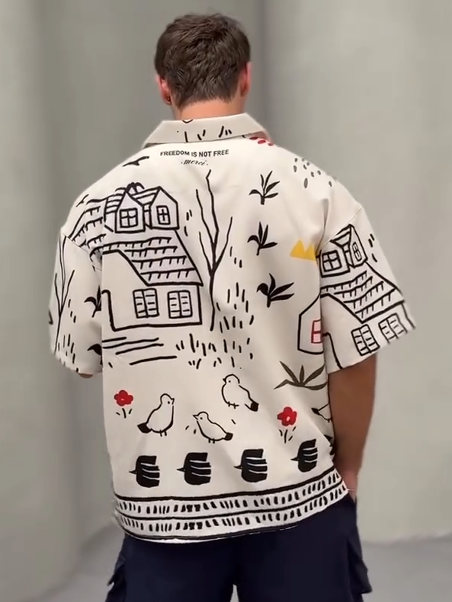Casual Loose-Fit Shirt: Playful House, Bird & Cat Patterns
