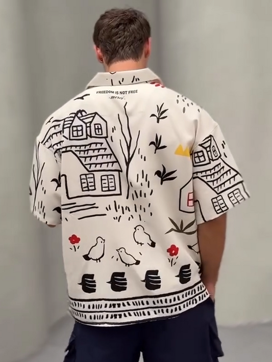 Casual Loose-Fit Shirt: Playful House, Bird & Cat Patterns