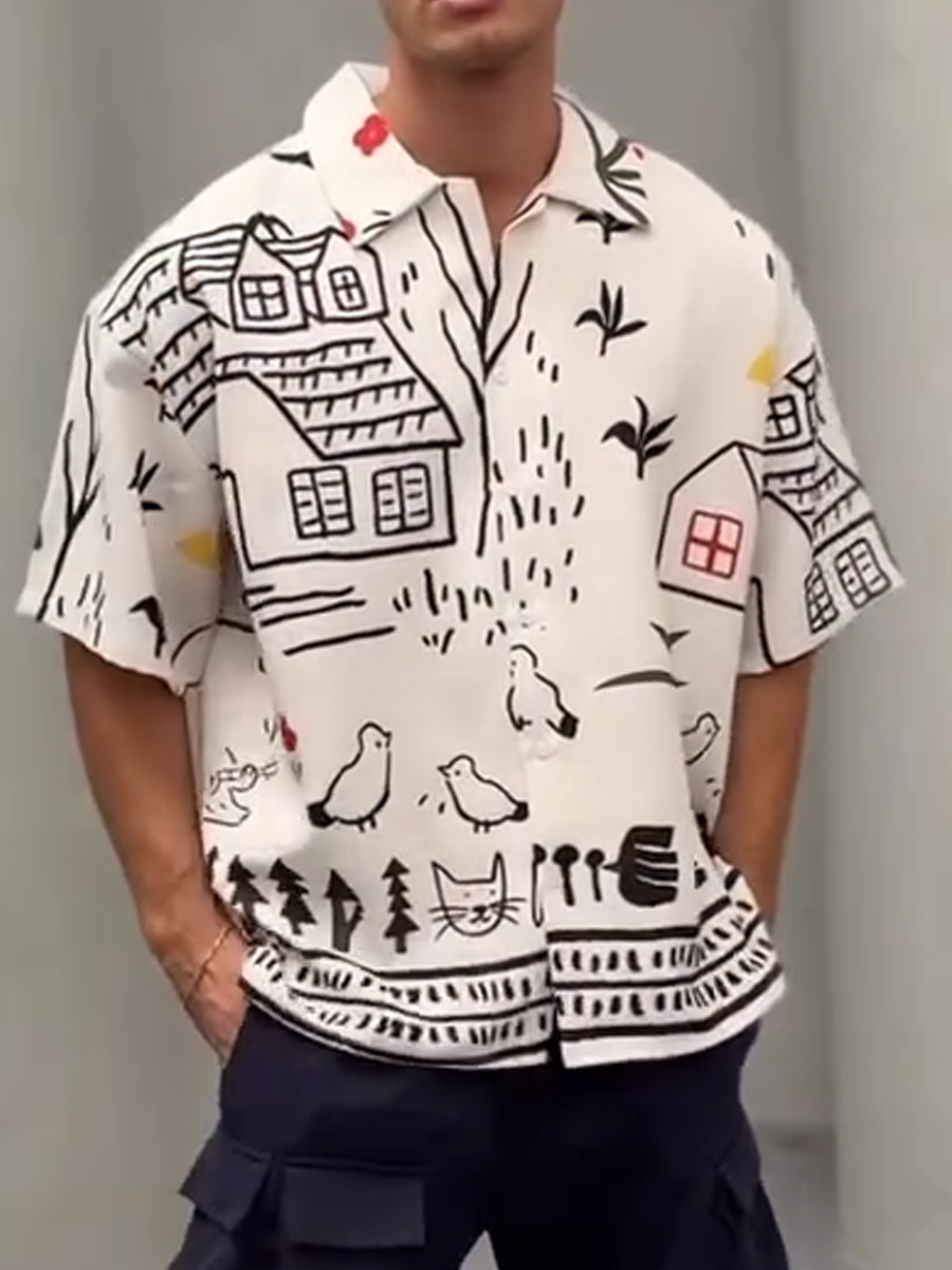 Casual Loose-Fit Shirt: Playful House, Bird & Cat Patterns