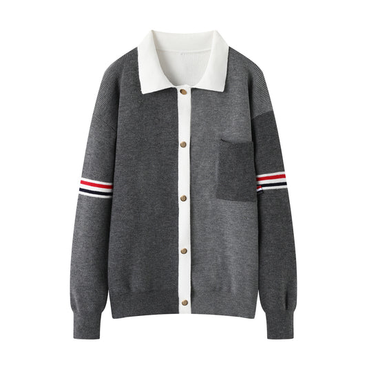 N91101 New Men's Colorblock Cardigan Sweater Collar Knitted Jacket