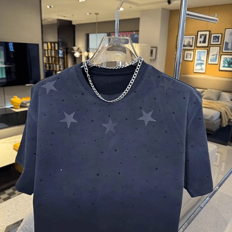 N0701 2025 Summer Round Neck Hot Diamond Five-pointed Star Short Sleeve