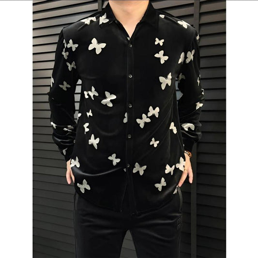 N0919 Men's Gold Velvet Butterfly Shirt