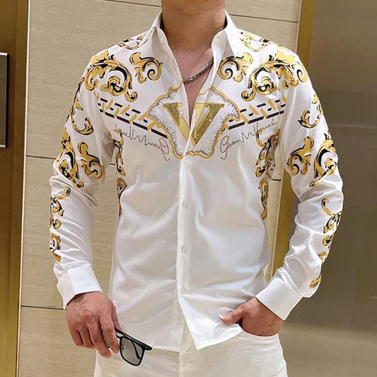 N1231 Men's printed rhinestone long-sleeved shirt