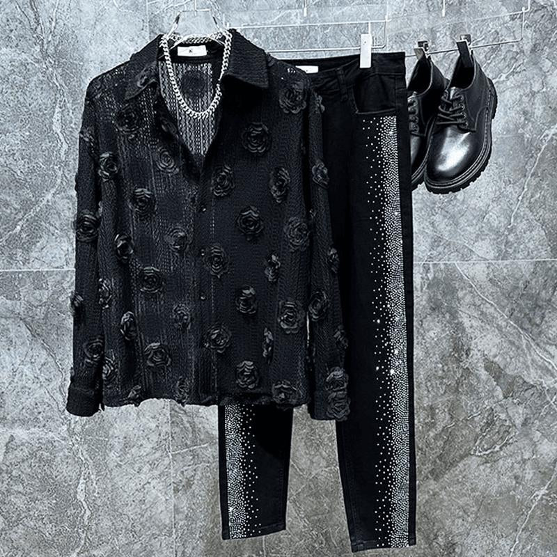 N0711 Fashion shirt with hollowed-out thin rose design