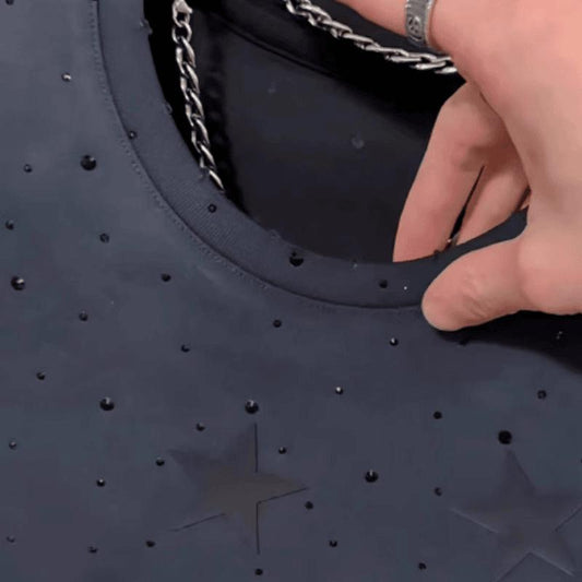 N0701 2025 Summer Round Neck Hot Diamond Five-pointed Star Short Sleeve