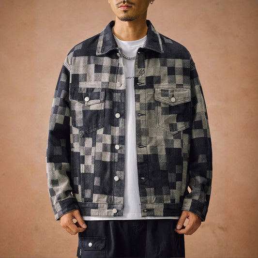 N82102 Vintage Lapel Plaid Denim Jacket