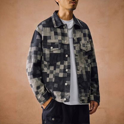 N82102 Vintage Lapel Plaid Denim Jacket