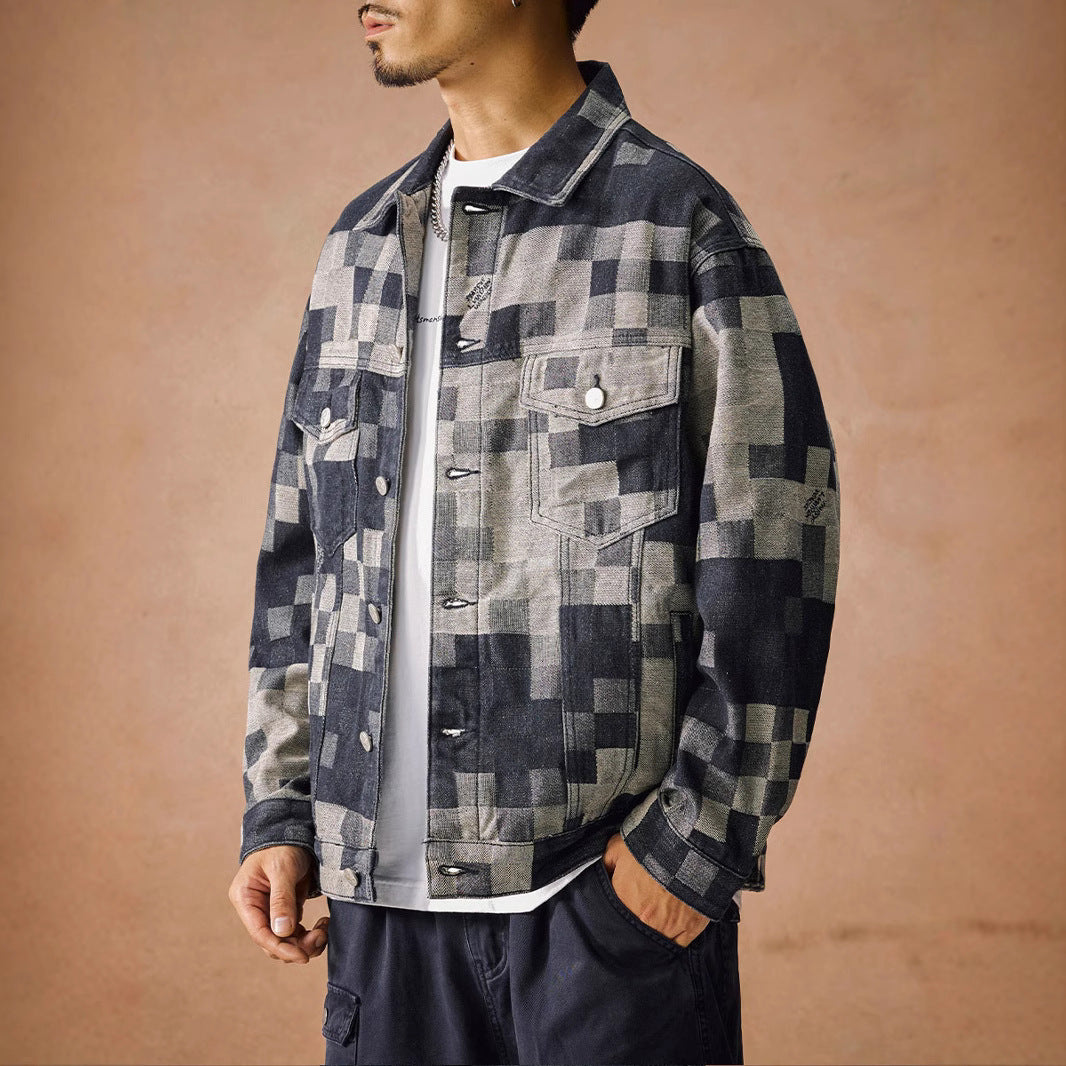 N82102 Vintage Lapel Plaid Denim Jacket