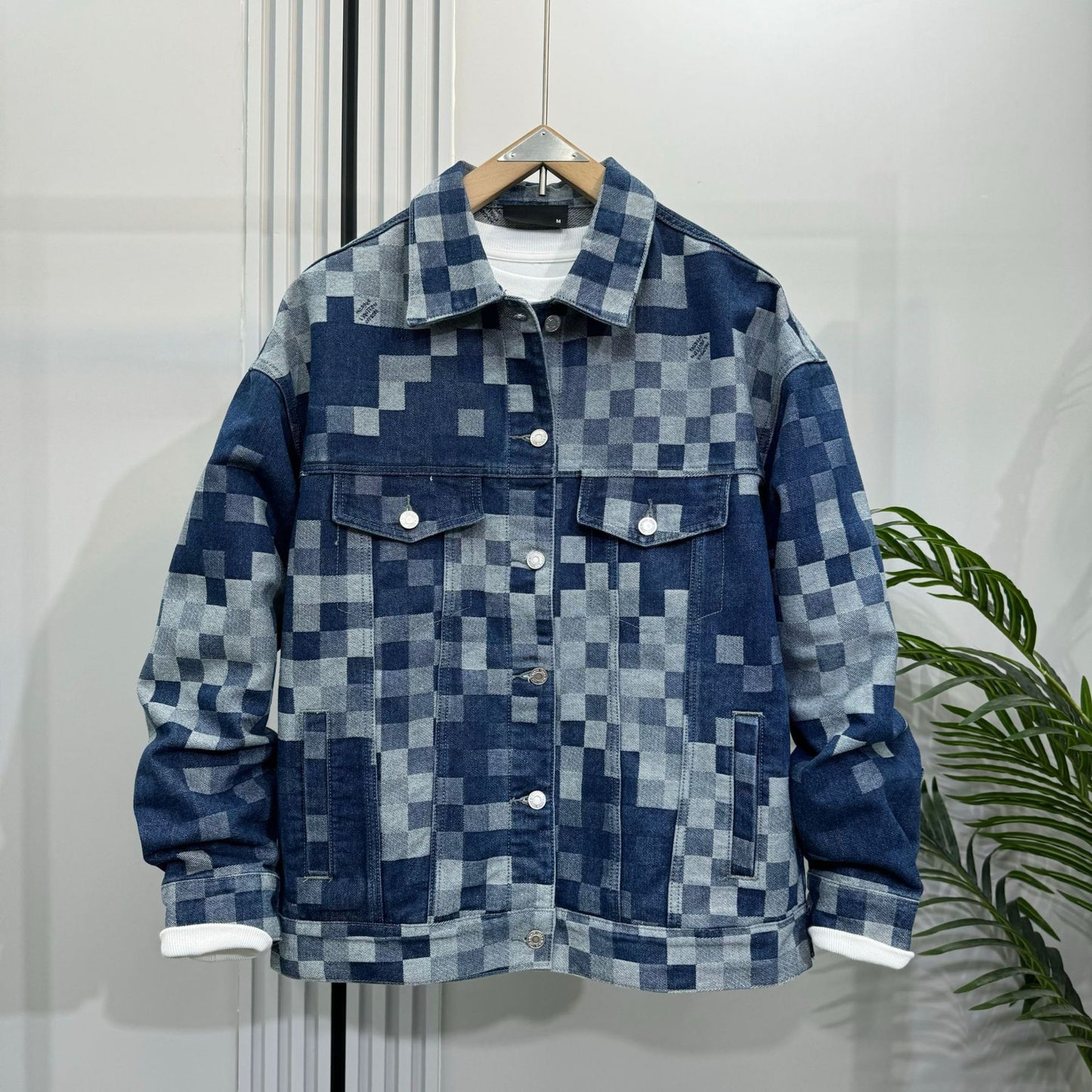 N82102 Vintage Lapel Plaid Denim Jacket