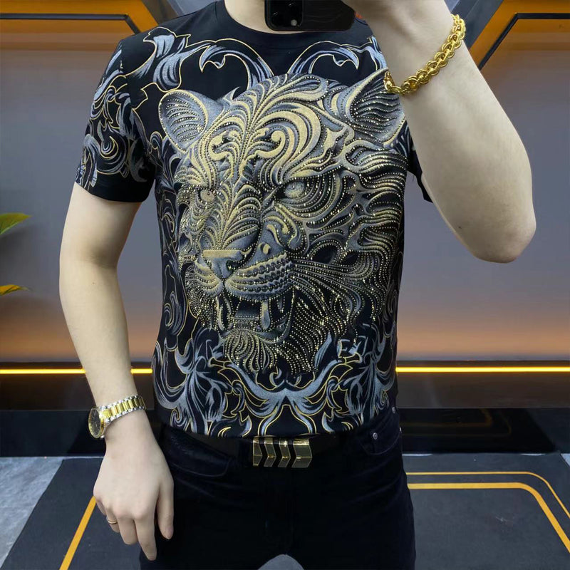 N0613 Summer new fashion rhinestone tiger T-shirt