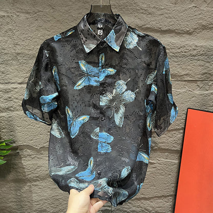 N0821 Men's Summer Lightweight Butterfly Print Short Sleeve Shirt