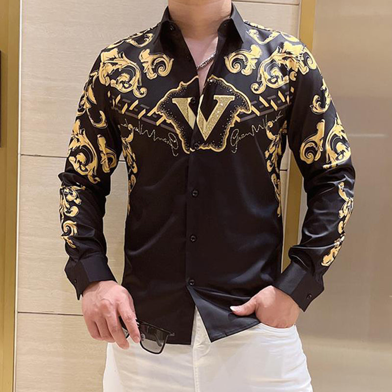 N1231 Men's printed rhinestone long-sleeved shirt