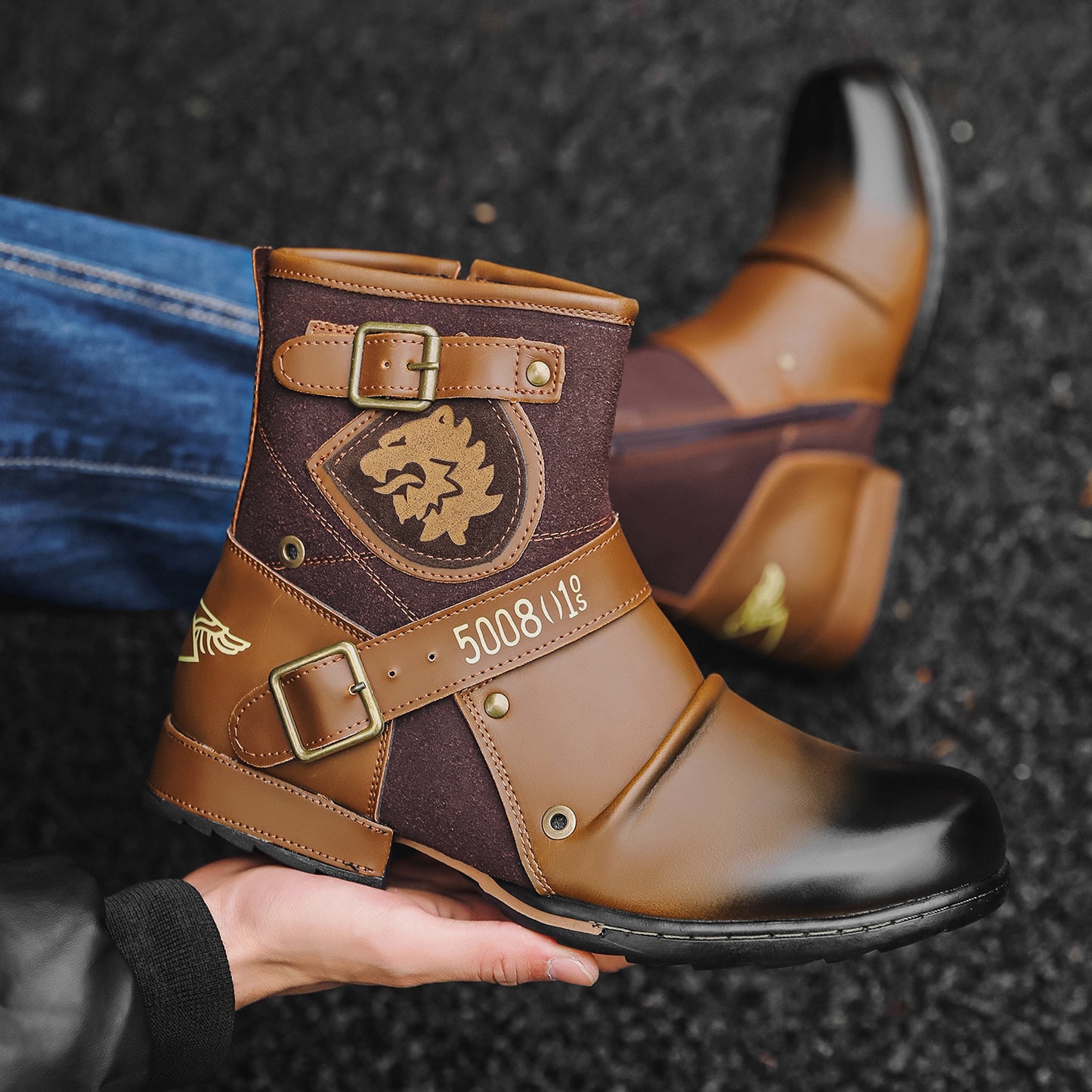 N0115 Men's Vintage Metal Buckle Side Zipper Martin Boots