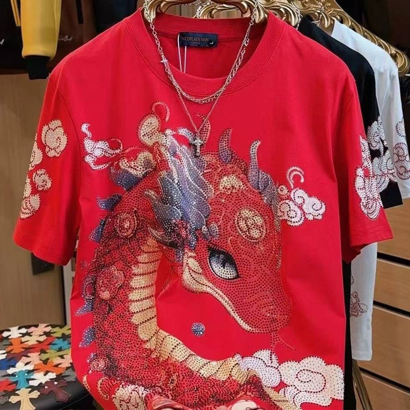 N0327 Men's round neck embroidered couple T-shirt