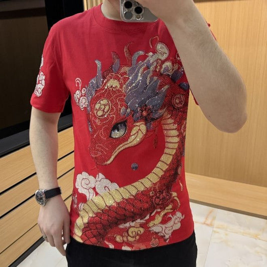 N0327 Men's round neck embroidered couple T-shirt