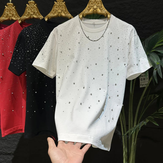 N0515 Men's stylish round neck rhinestone short sleeves