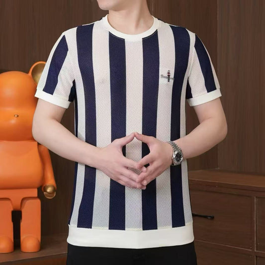 N0521 Men's stylish contrast color vertical striped short sleeves