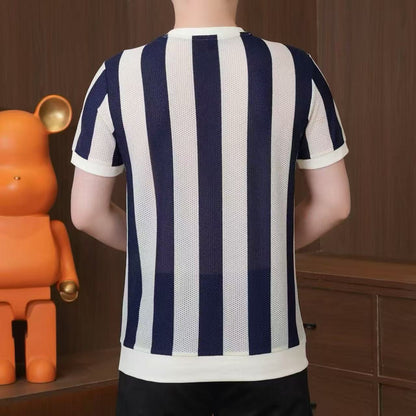 N0521 Men's stylish contrast color vertical striped short sleeves