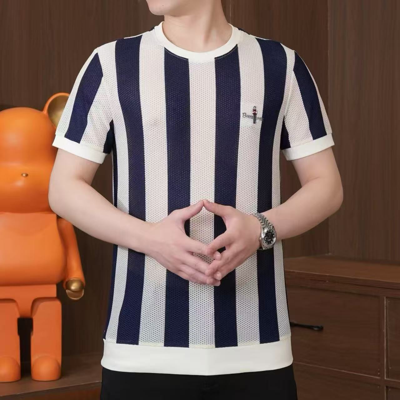 N0521 Men's stylish contrast color vertical striped short sleeves