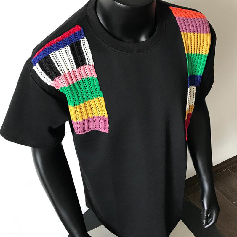 N0523 Colorful woolen patchwork short sleeves