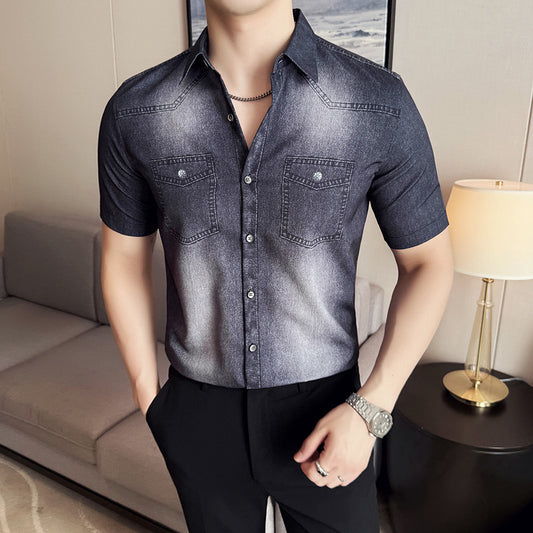 N0612 High-end gradient denim short-sleeved shirt