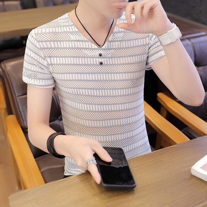 N0616 Men's Ice Silk Striped Short Sleeve