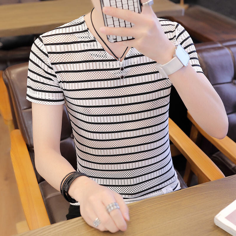 N0616 Men's Ice Silk Striped Short Sleeve