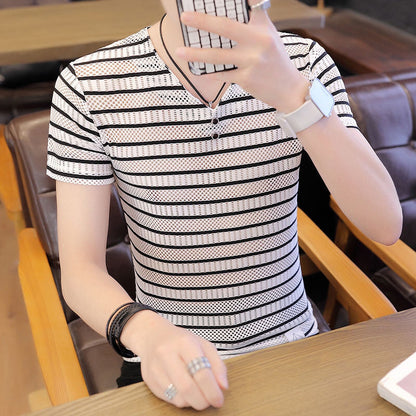 N0616 Men's Ice Silk Striped Short Sleeve